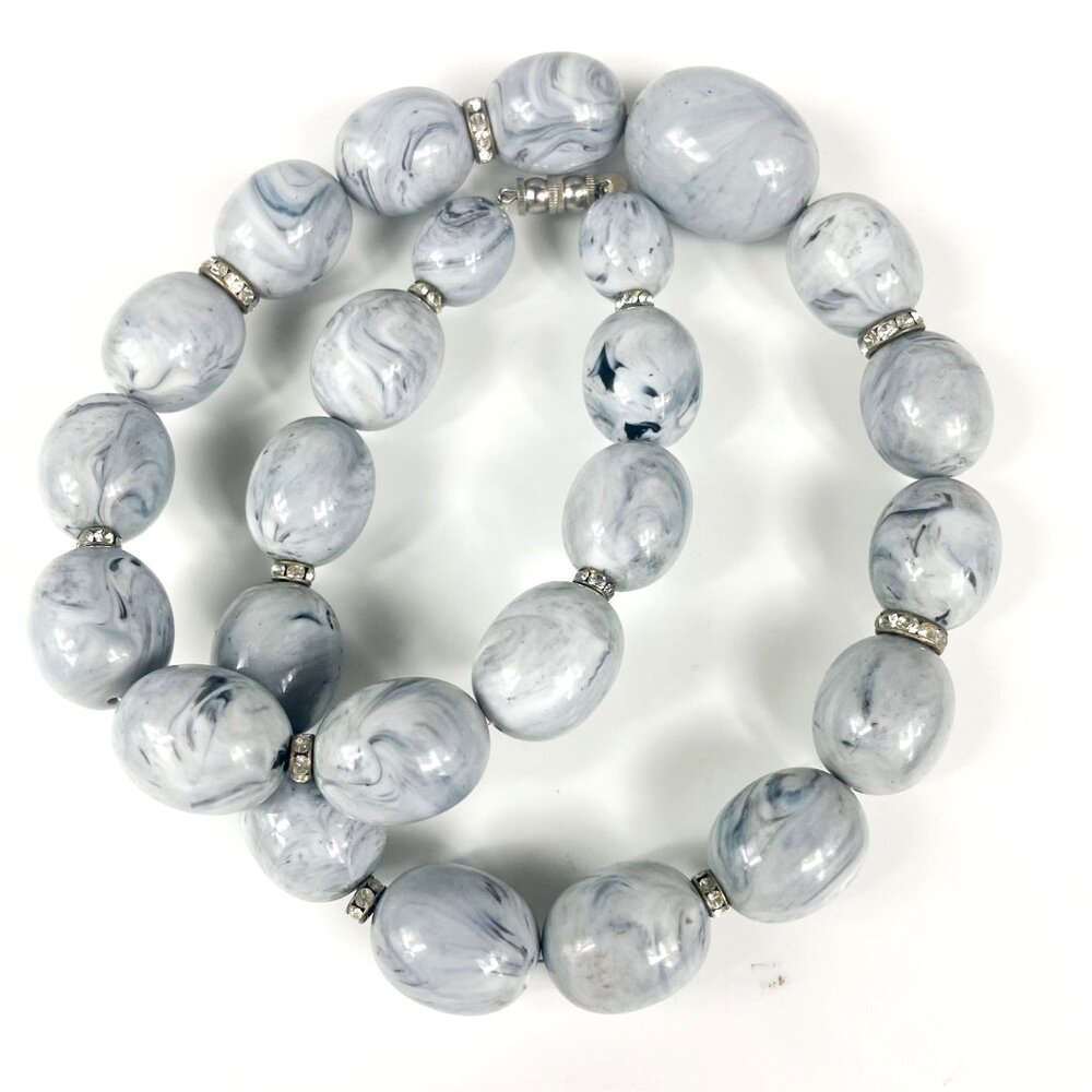Les Bernard Grey Marbled Chunky Beaded Necklace Rhinestone Spacers 40$